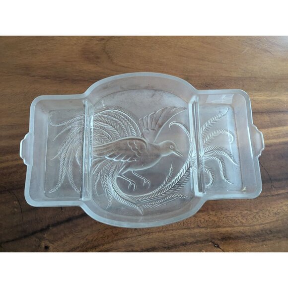 Vtg Tiara Indiana Frosted Glass Empress Bird of Paradise Vanity Tray Art Deco - Picture 1 of 10